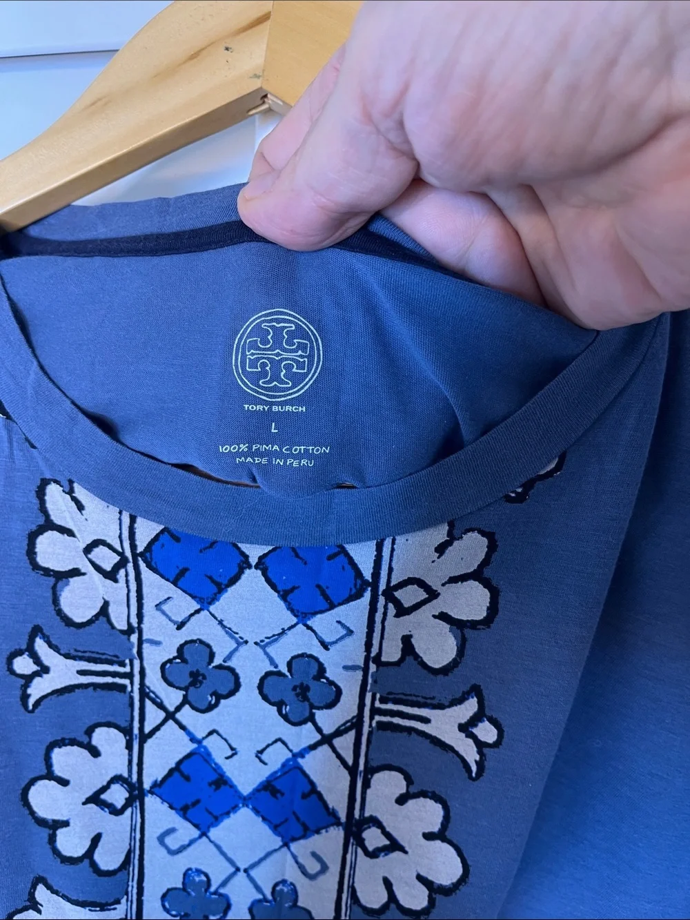 Tory Burch Pima Cotton Graphic Print T-Shirt Blue White Size L NWOT